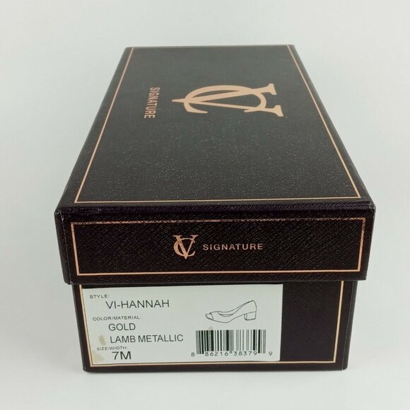 Vince Camuto Signature 7M Gold Metallic Open Toe Block Heel Shoes Lamb Leather - Picture 12 of 12